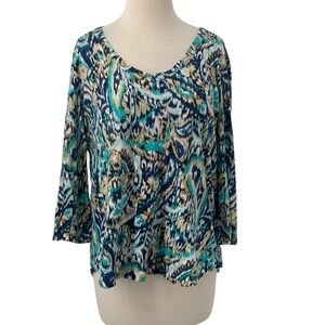 Chicos 3/4 Sleeve V-neck Slub Tee Tunic Top Blue Paisley Ikat Print Size 2/Large